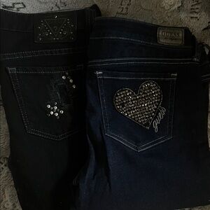 Guess Women's Skinny Jeans with Rhinestone Heart Pocket - Black & Dark Blue.